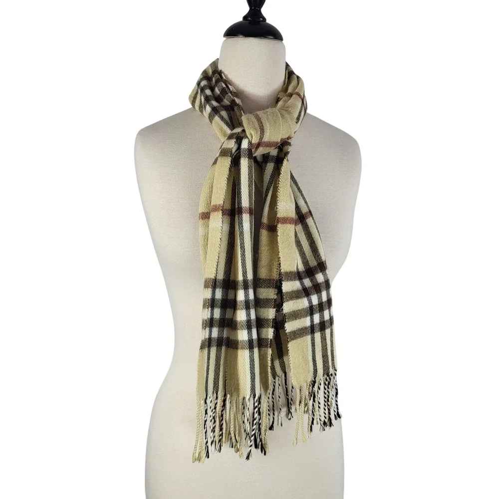 Cashmere Blend Plaid Scarf Made in Italy Tan Brown Fringe Preppy Academic Ivy‎
